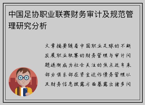 中国足协职业联赛财务审计及规范管理研究分析